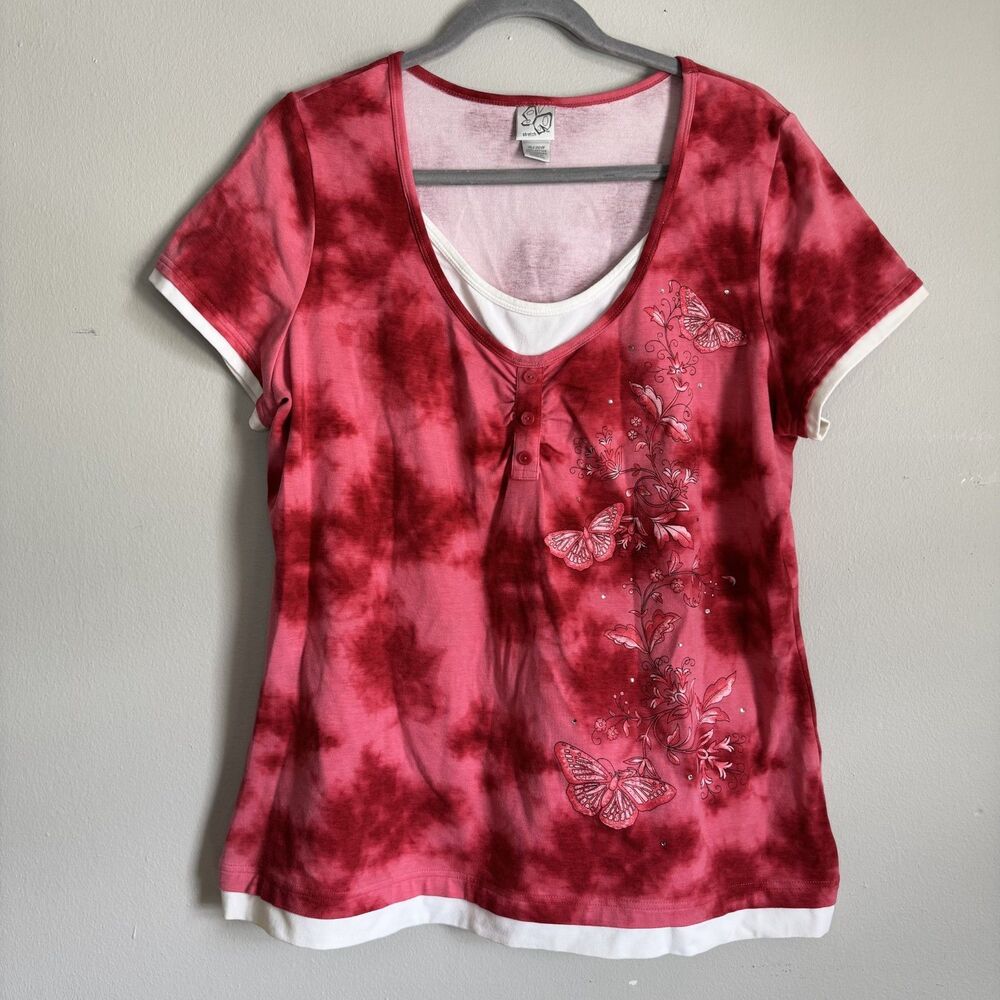 Pink Tie Dye Layered Butterfly Rhinestone Y2K Top Size 18/20 Retro Boho Hippie